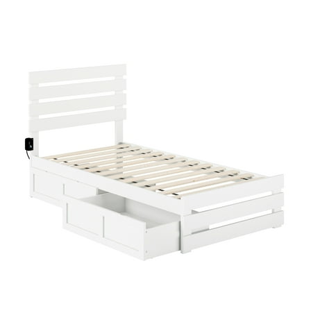 HomeStock Suburban Sophistication Twin Bed with Footboard, 2 Drawers, USB Charger, Slat Support, Solid Wood, White, Dimensions: 76" x 40.25" x 41.38"