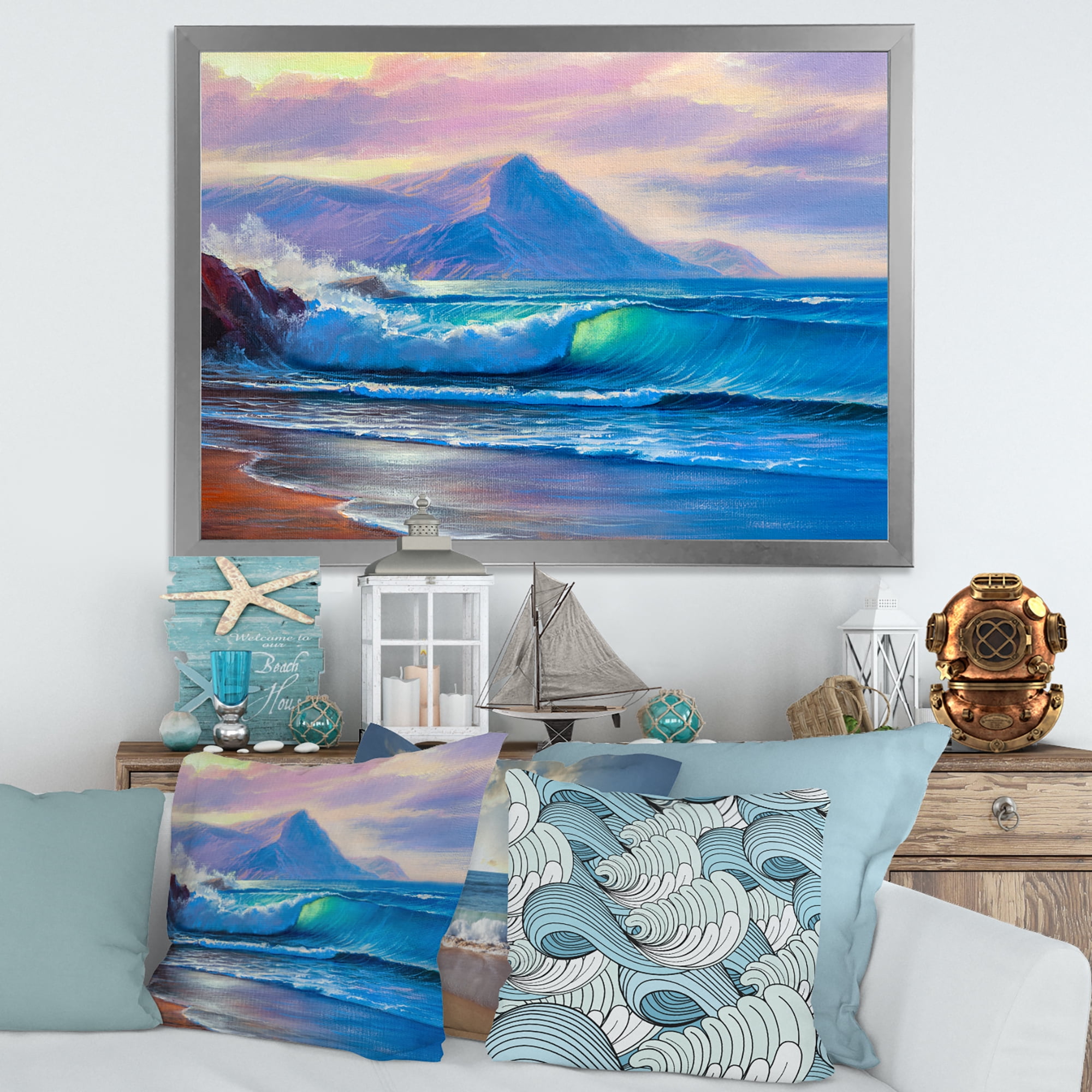 Designart 'Blue Waves Breaking At The Beach Landscape I' Nautical & Coastal Framed Art Print