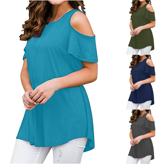 Fesfesfes Womens Fitted Short Sleeve Tops Women's Short Sleeve Casual Summer Off Shoulder Tops Loose Blouse T-Shirt Yoga Clothes 4(S)
