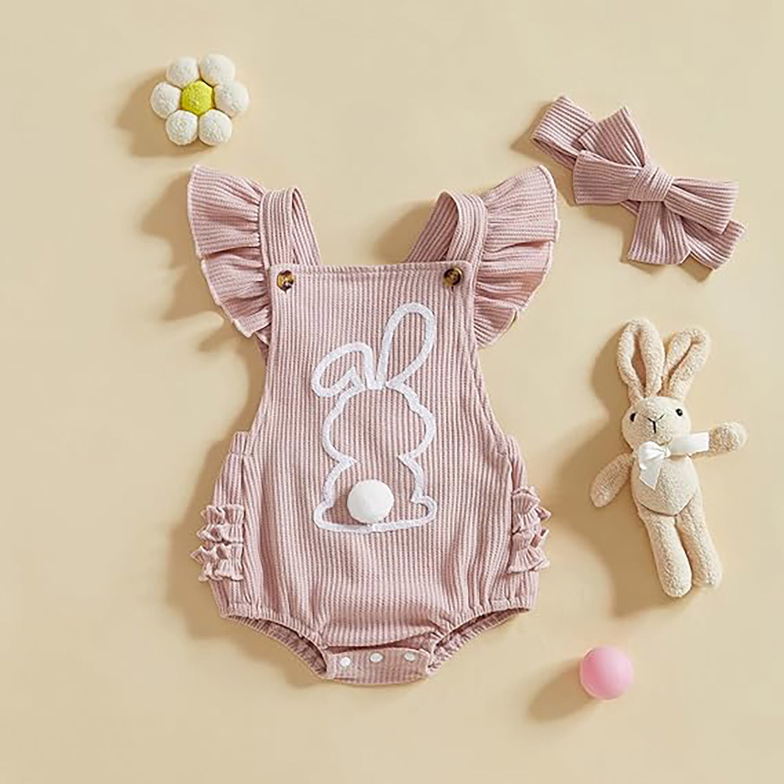 My First Easter Baby Girl Outfit Easter Baby Girl Outfit Fly Sleeve Embroidery Romper Bunny Tail Bodysuit Easter Set Baby Easter Outfit Pink 12 Months-18 Months