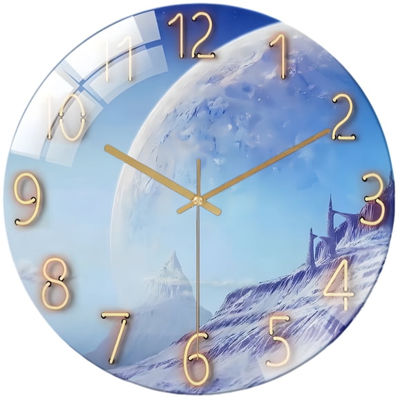 Decor Wall Clock:Full Moon Snow Mountain Stlye Round Glass Wall Clock, Silent Non-Ticking Battery Operated Clock , Home Decor for Living Room, Kitchen, Bedroom And Office.12'Inch, 30*30CM