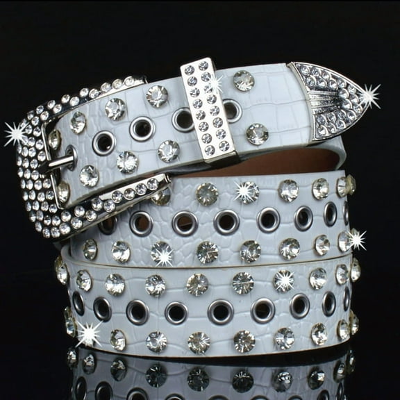 Zhuge Unisex Western Rhinestone Leather Belt, Bling Studded Diamond Design Belt Perfect for Jeans & Daily Outfits, White