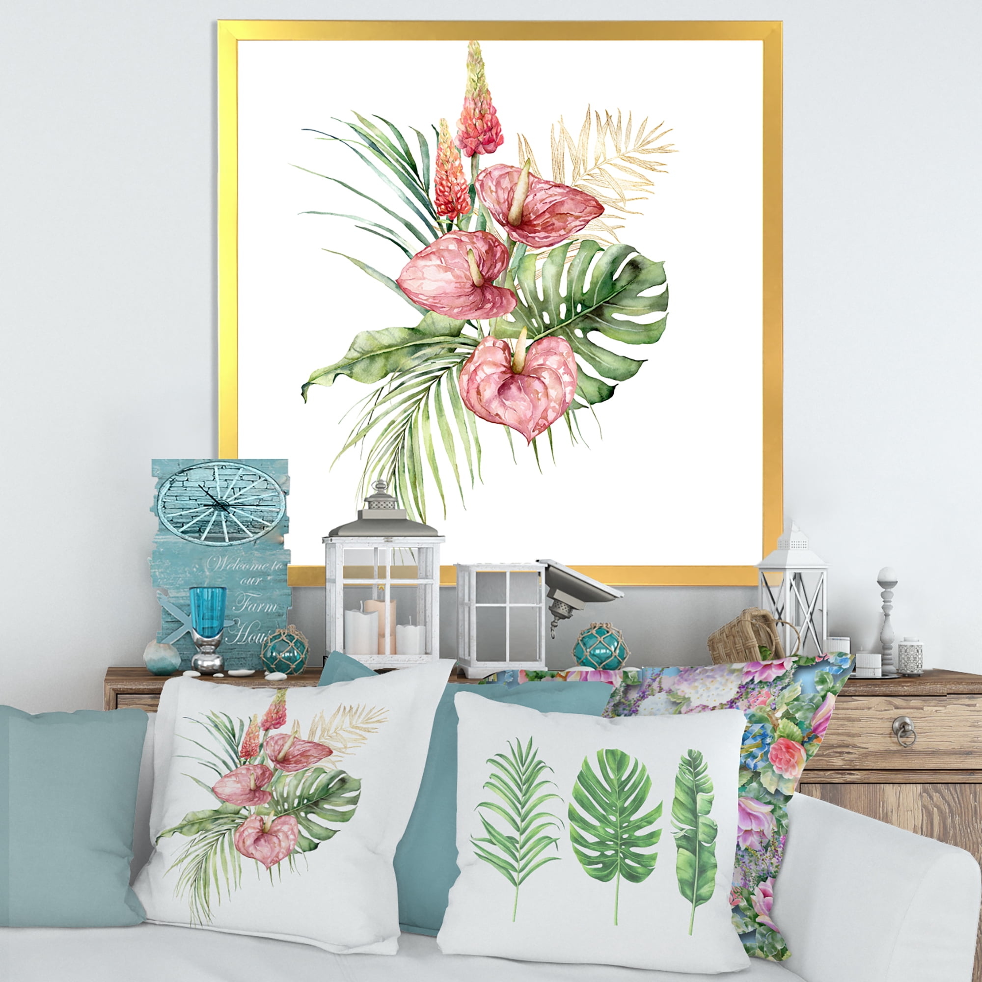 Designart 'Tropical Bouquet With Anthurium Lupine and Leaves On White I' Traditional Framed Art Print