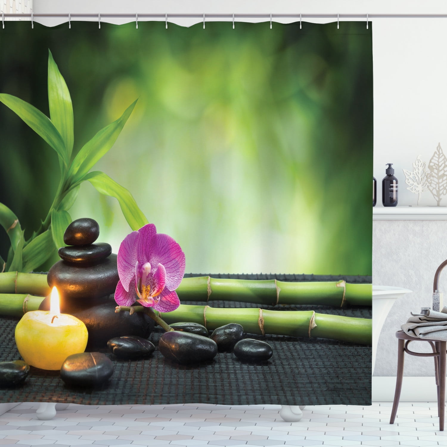 Spa Shower Curtain Calming Stones Bamboo Decor Print for Bathroom 71 Inches Long