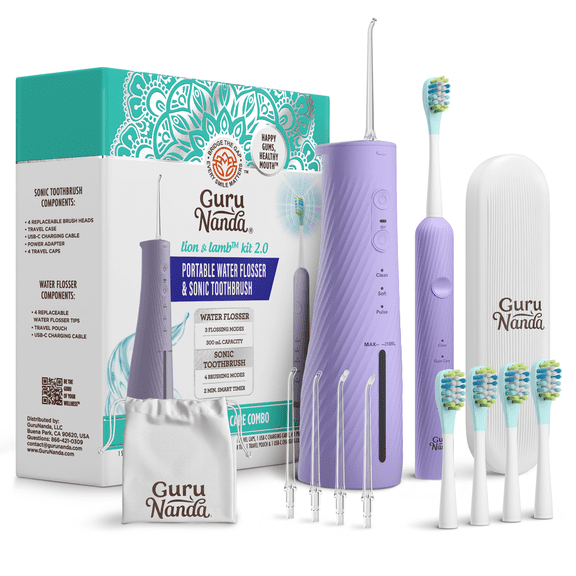 GuruNanda Lion & Lamb Kit 2.0 Electric Toothbrush with Water Flosser, 4 Jet Tips, 4 Brush Heads,Lavender