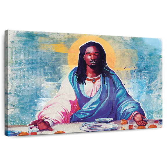 Elephant Stock Black Jesus I Wall Art - Horizontal Canvas Wall Art - Bedroom Wall Decor - Religion And Spirituality Canvas - Blue And Pink Decor - 12" x 8"