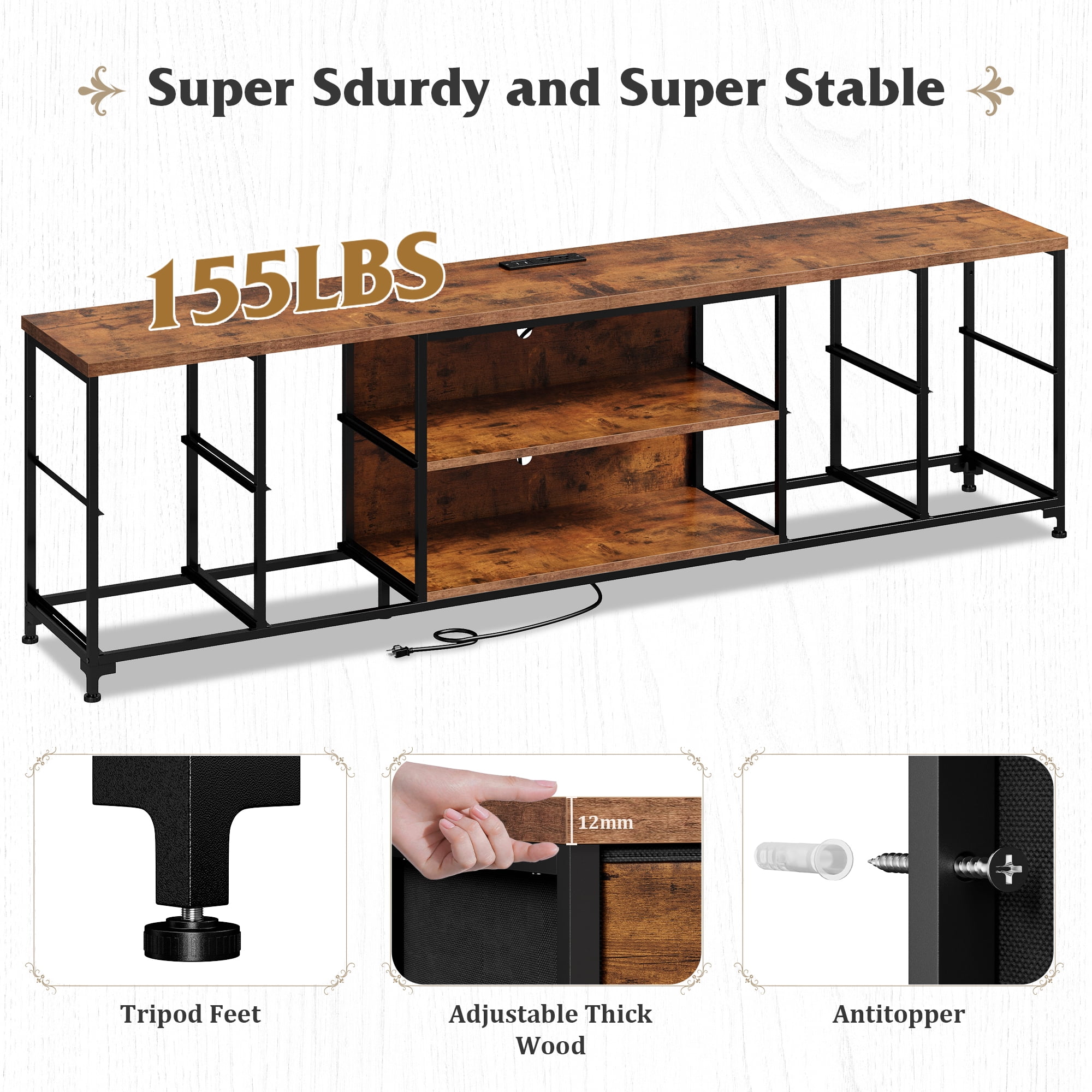 EnHomee 62.3" W TV Stand for 65 70 inch TV Dresser for Bedroom with Charging Station and LED Lights,8 Drawers Fabric Dresser with Entertainment Center for Living Room,Rustic Brown