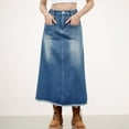 thumbnail image 4 of Women's High Waist A-Line Denim Maxi Skirt with Front Patch Pockets and Raw Hem Detail - Small, Blue, 4 of 7