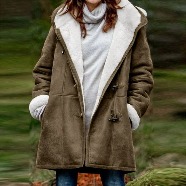 DPTALR Women Winter Plus Size Solid Plus Velvet Coat Long Sleeve Horn Buckle Pocket Overcoat Tops