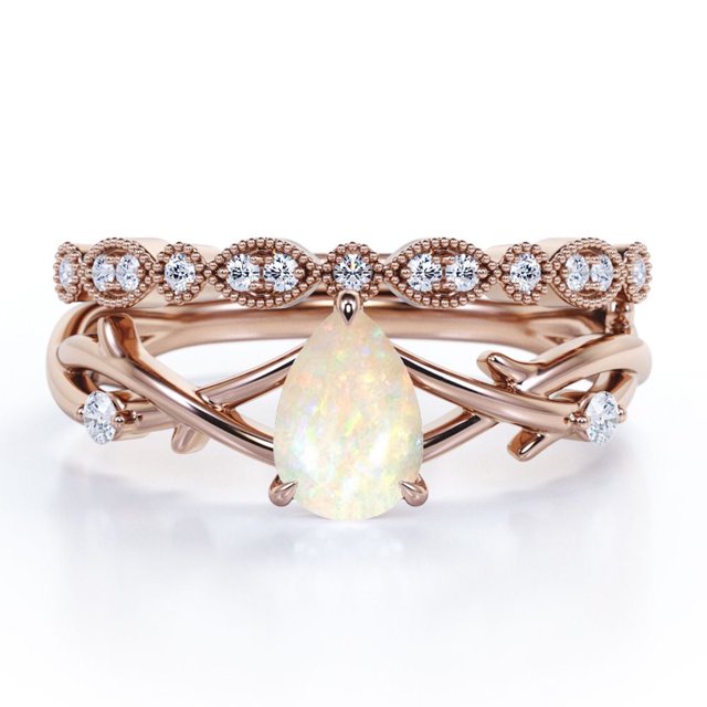 JeenMata Anillo de Bodas Crossover - Ópalo Cantera en Forma de Pera de 1,25 Quilates y Moissanita - Juego de 3 Puntas - Filigrana Art Decó Milgrain - Baño de Oro Rosa de 18 K sobre Plata