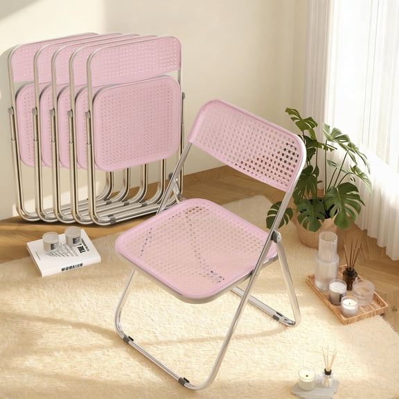 HDHNBA Indoor Outdoor Stackable Rattan Look Plastic Folding Chairs 350 LBS, Set of 6, Pink
