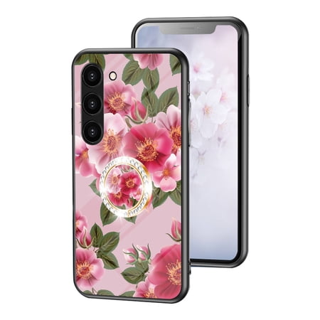 SaniMore for Samsung Galaxy S24 Case, 31 Diamonds Glass Vehicle Magnetic Support Flexible TPU Flower Pattern Cover with 360° Rotatable Ring Kickstand Shockproof Protective Shell, Red Flower