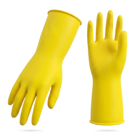 3-Pairs Reusable Household Gloves, Rubber Dishwashing gloves, Extra Thickness, Long Sleeves, Kitchen Cleaning, Working, Painting, Gardening, Pet Care (Size L, Yellow)