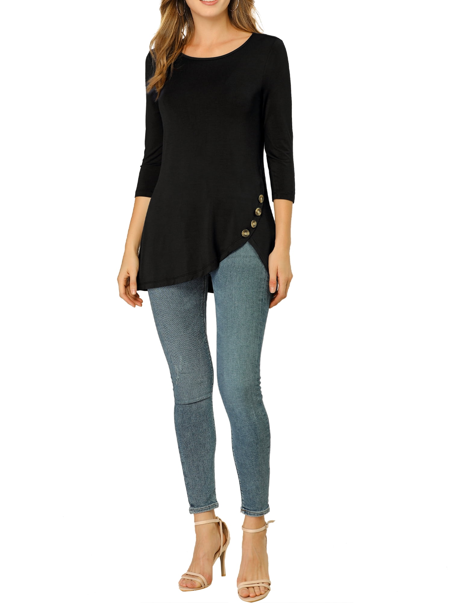 DARING DIVA Women's Casual Stretchy Tunic Asymmetric Hem Top XL Black