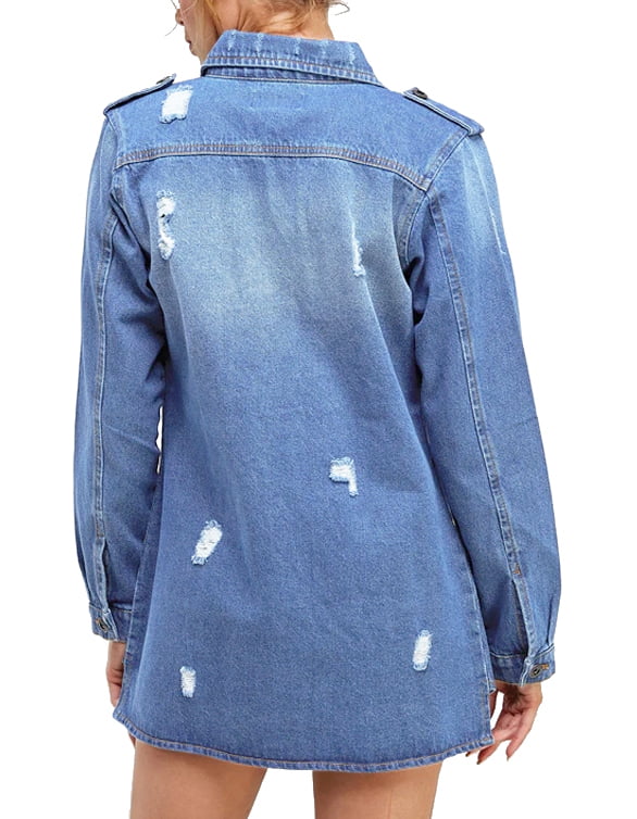Women's Distressed Denim Cotton Button Up Long Military Utility Jean Jacket  (Dark Blue, S)
