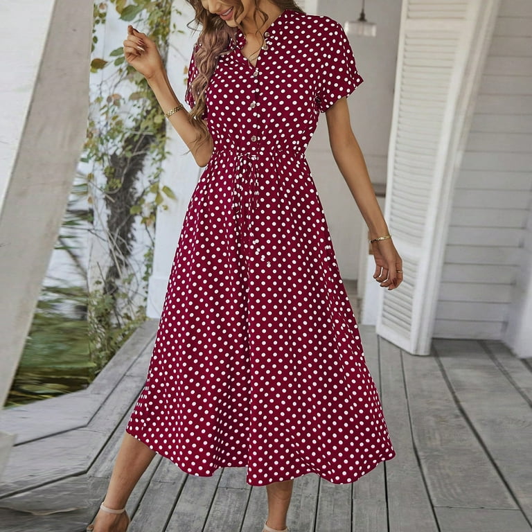 MITILLY Women’s Boho Polka Dot Midi Dress – Sleeveless V-Neck Swing Dress With Pockets