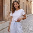 thumbnail image 6 of Women's Casual Barrel Pants Summer Striped Drawstring Wide Leg Trousers Beach Lounge Capri Pants with Pockets Sky Blue 2XL, 6 of 8