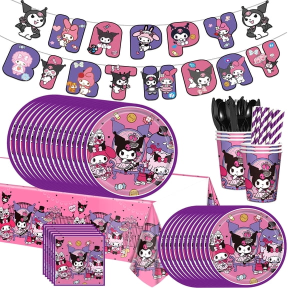 Kuromi Party Decorations, Cute Birthday Party Supplies Set, Includes Banner, Cutlery, Napkins, and Tablecloth.