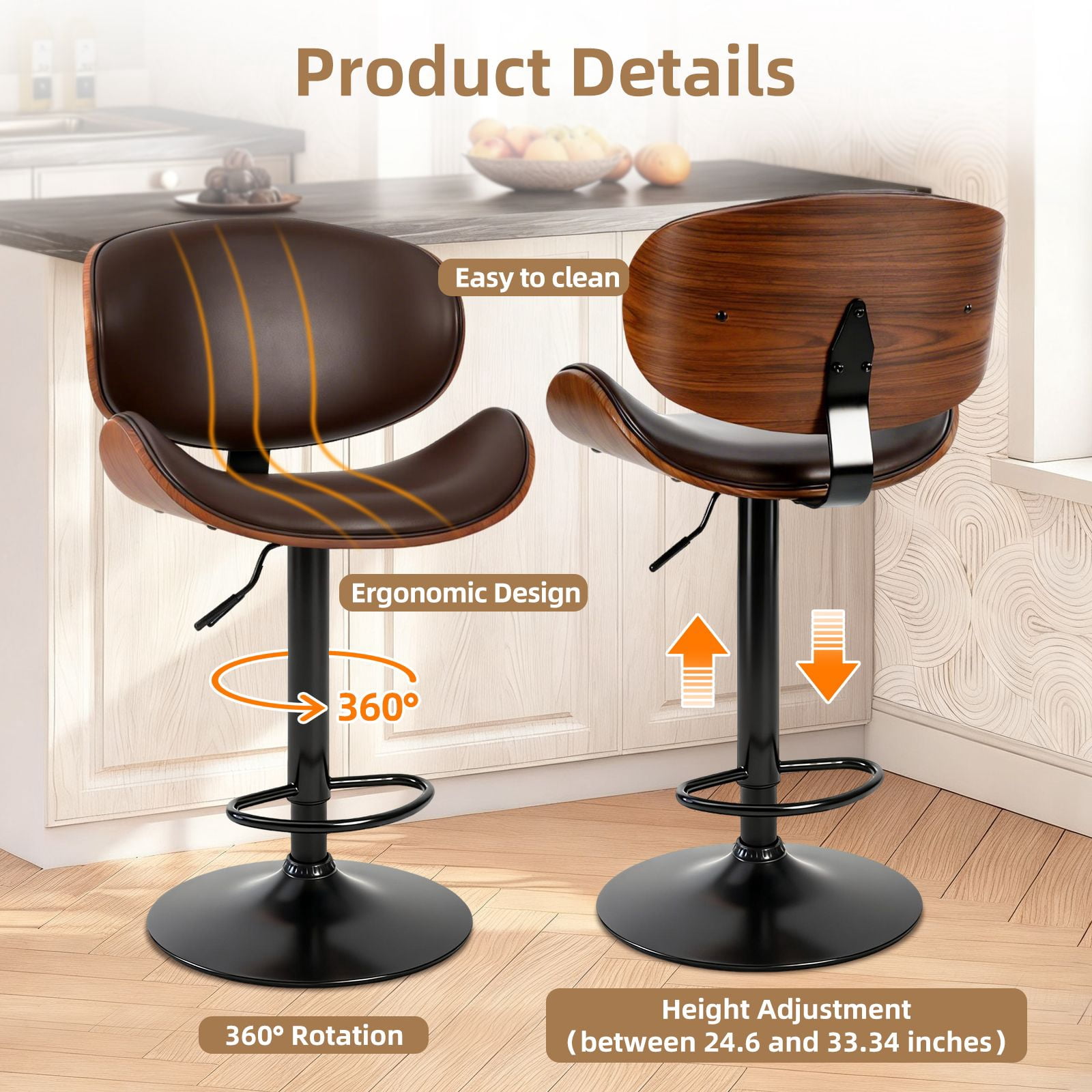 Set of 2 Rotating Bar Stools With Adjustable Height, Pu Leather Decorative Chairs, Backrests And Footstools, And Anti-Slip Rubber Bases