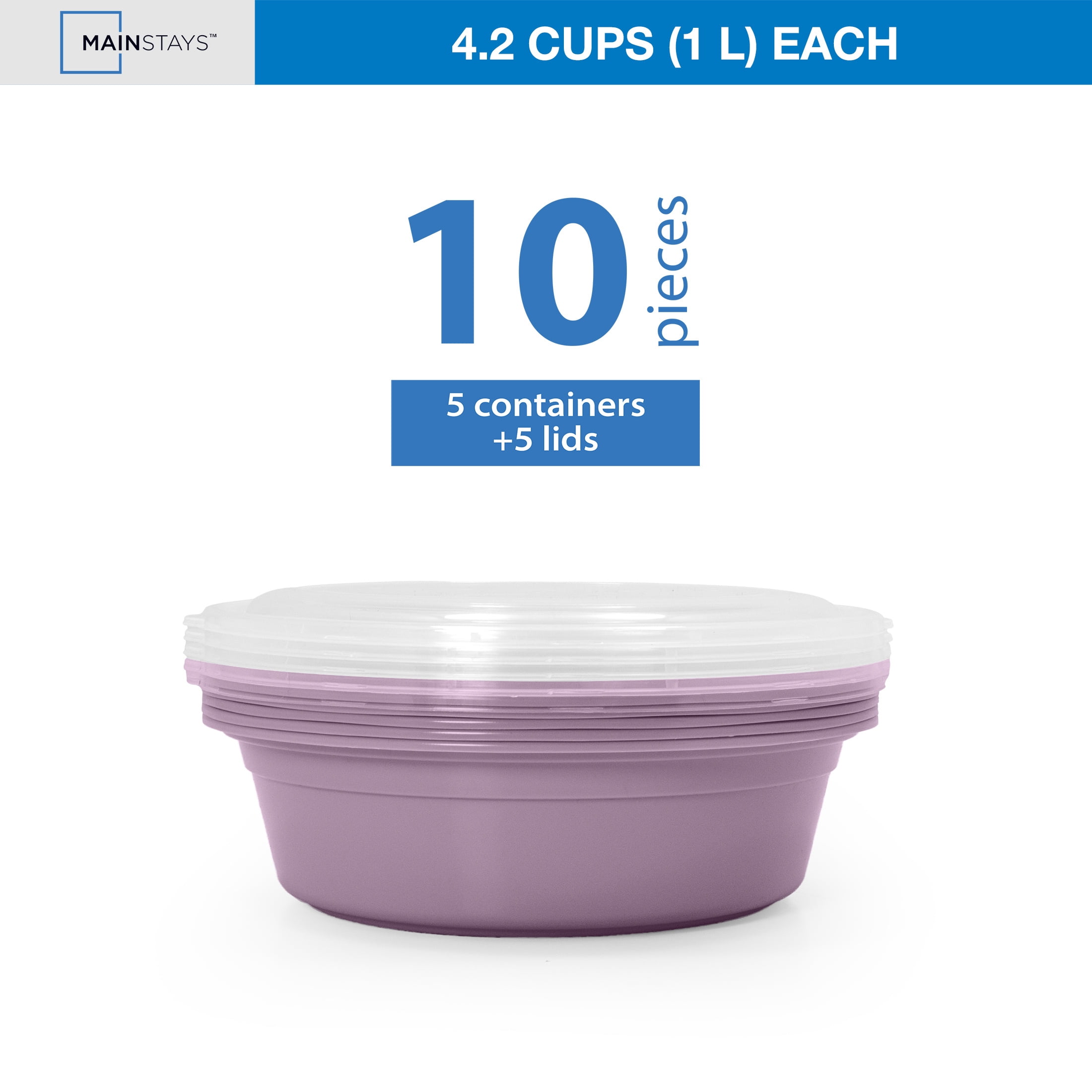 Mainstays 5-Pack Round BPA-Free Plastic Meal Prep Food Storage Containers, 1L, Lilac Bloom