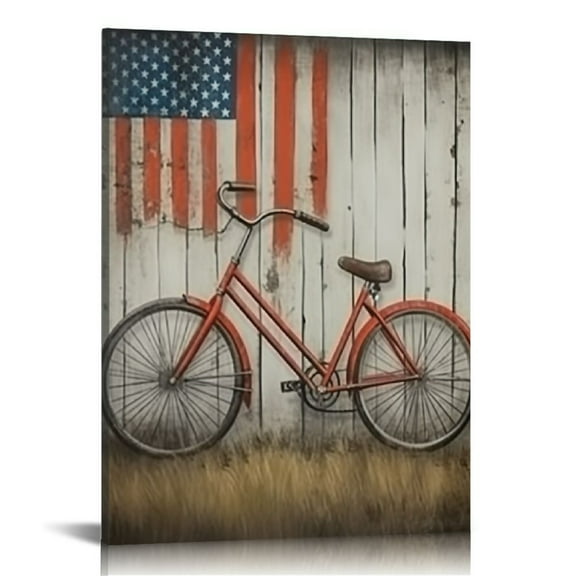 JRXY  Bicycle Wall Art Vintage Canvas Red Bike Painting Picture Retro Bike Print with American Flag Artwork for Home Decor Framed 12x16 in