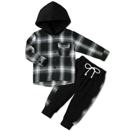 

GYRATEDREAM Toddler Baby Boys Clothes Flannel Lattice Button Down Hoodied Tops +Pants Boys Fall Winter Outfits 1-5T