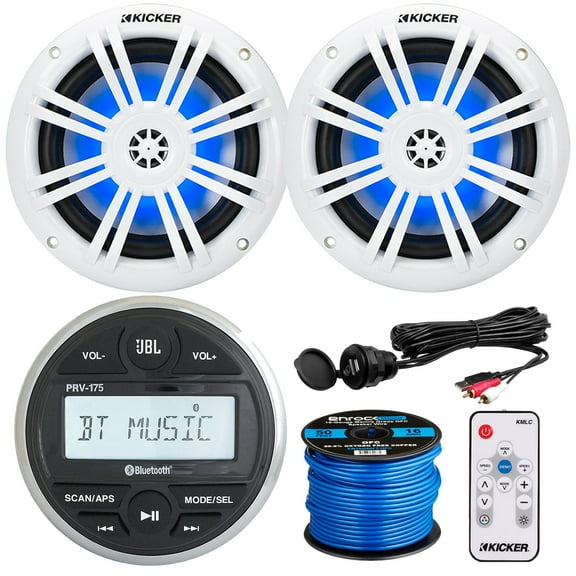 JBL PRV-175 Marine Bluetooth Gauge Hole Mount USB/AUX AM/FM Digital Media Stereo Receiver, 2x 6.5" 150 Watts Max Power RGB LED Boat Coaxial Speakers W/LED Controller, USB/AUX Adapter, Speaker Wire
