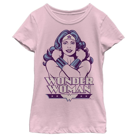 Girl's Wonder Woman Arms Crossed Pose  Graphic Tee Light Pink Small