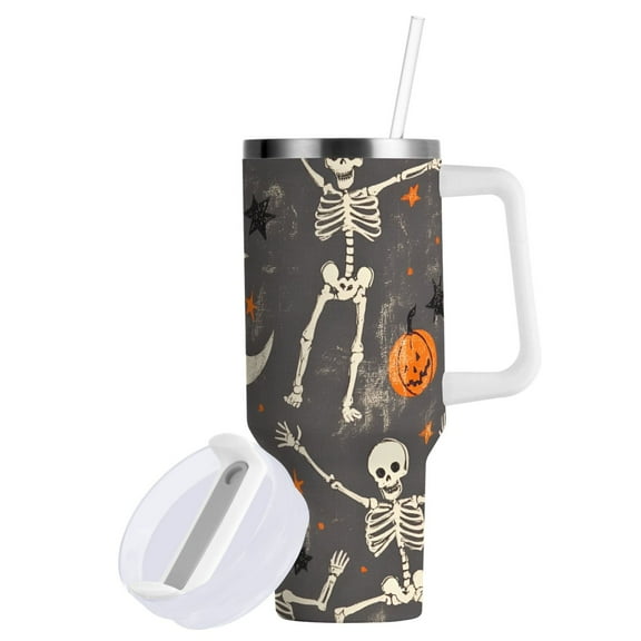 Yayeee 40oz Double-Wall Insulated Stainless Steel Tumbler with Handle Bottle, Gray Halloween Skeleton