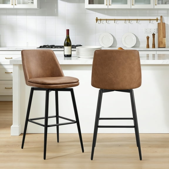 Spruce & Spring Bar Height Swivel Barstool with Curved Back and Metal Legs Set of 2, Cognac Faux Leather