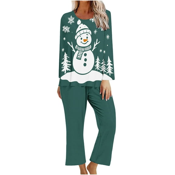 Tnhcen Festive Women's 2-Piece Pajamas Set Long Sleeve Crew Neck Top Pants Christmas Print Nightwear Lounge Home Clothes S-2XL