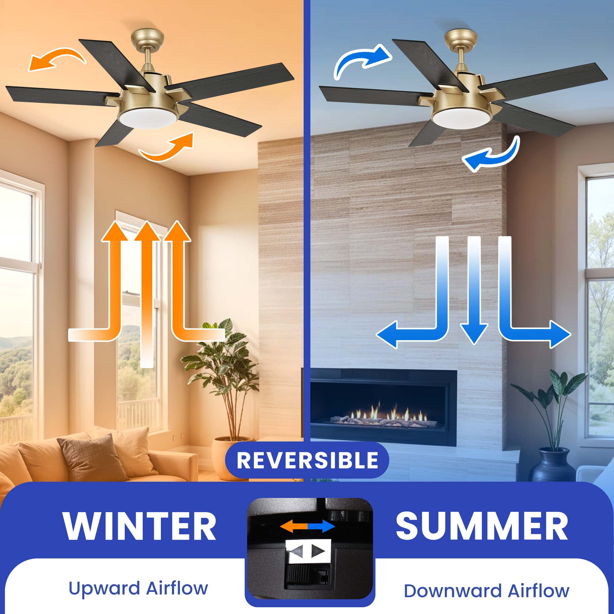 ModFusion 52-Inch LED Ceiling Fan with Remote, Dimmable Lights, 6-Speed, Gold & Black Wood Grain, Timer, Reversible Function, Wall Control