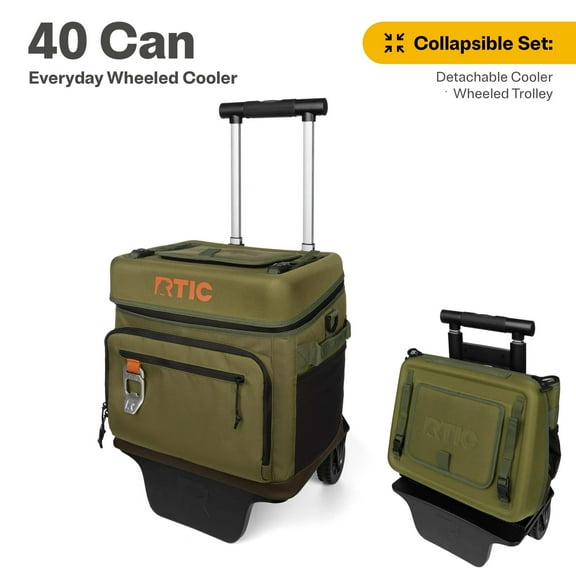 RTIC Everyday Wheeled Cooler, 40 Can Cooler, Collapsible Wheeled Trolley, Olive