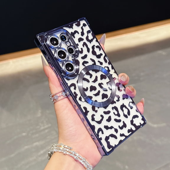 for Samsung Galaxy S24 Ultra Magnetic Case, Luxury Leopard Print Pattern Plating Phone Case with Glitter Bling Lens Circle, Support Wireless Charging, Clear Shockproof Back Cover, Blue
