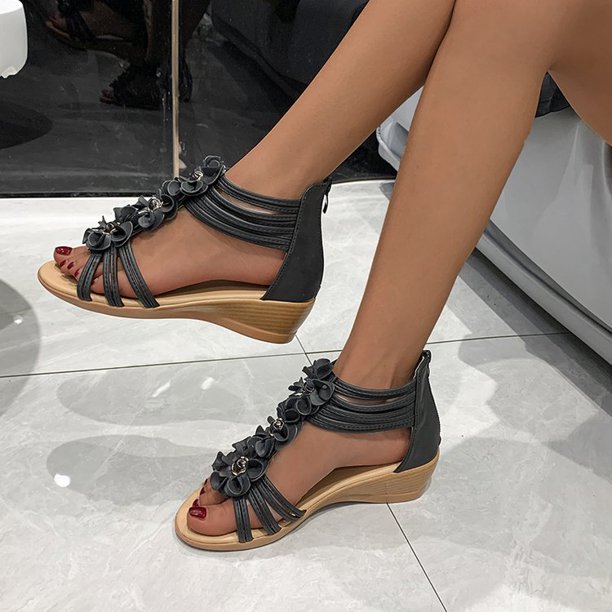 Sandalias étnicas bohemias para mujer, sandalias de cuña con tiras al tobillo con flores de encaje y flores, zapatos romanos de banda estrecha de talla grande 43 Gao Jinjia LED
