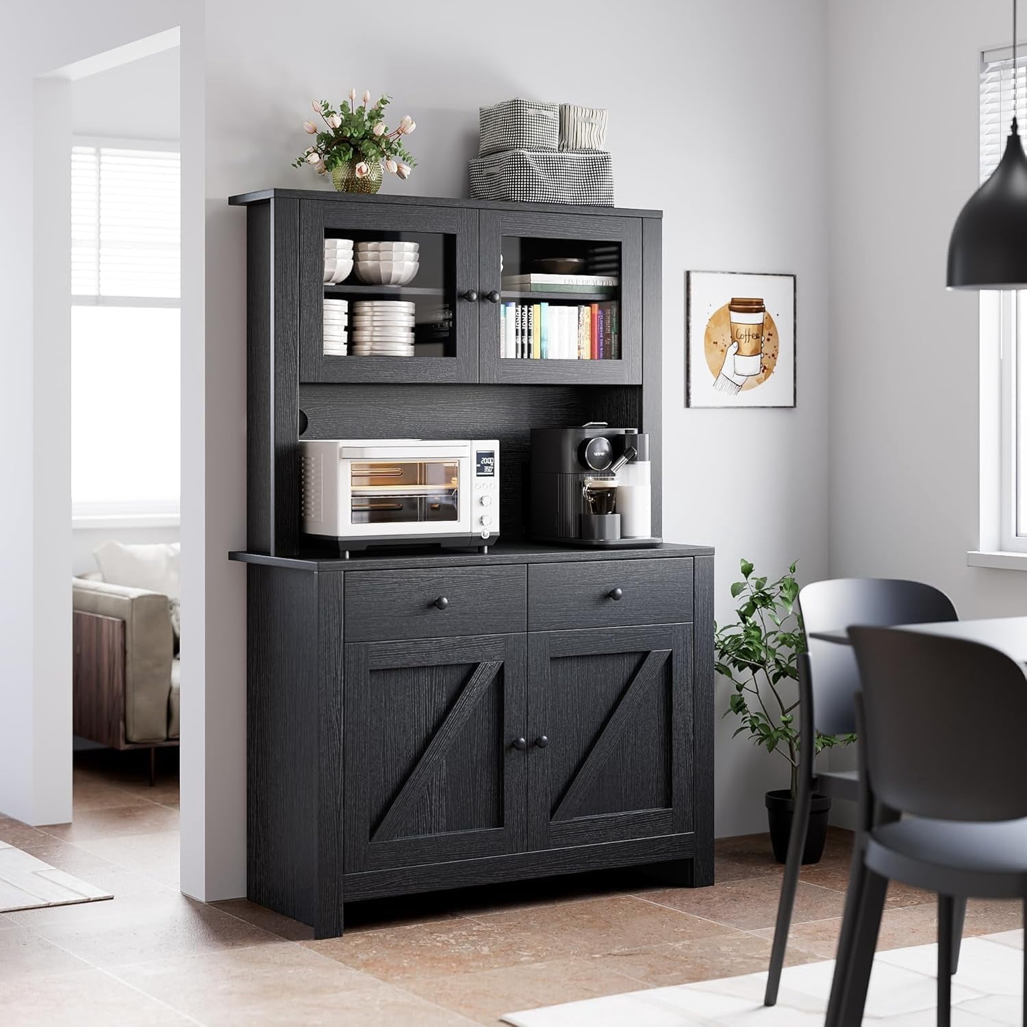Kitchen Pantry Cabinet with Microwave Stand, Freestanding Hutch Cabinet with Buffet Cupboard, Tall Kitchen Cabinets with Adjustable Shelves for Dining Room, Black