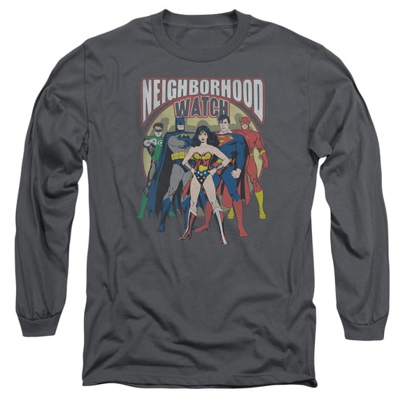 JLA Justice League NeigHBOrhood Watch Long Sleeve Adult 18/1 T-Shirt  Charcoal