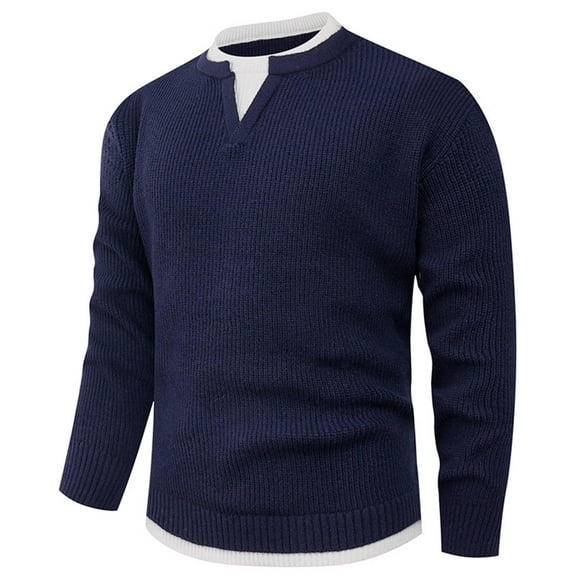 Mens V Neck Sweater Casual Cable Knit Slim Fit Pullover Long Sleeve Fall Winter Fake Two Piece Sweaters (XL, Navy)