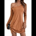 thumbnail image 3 of Vestido Mini Túnica de un Solo Hombro para Mujer, Larga, Liso, con Dobladillo Torcido, Elegante, Informal, Holgado, para y Verano. Marrón L, 3 of 10