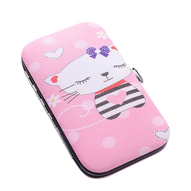 Kit de cuidado de uñas portátil de 7 piezas con adorable estuche de dibujos animados Juego de manicura con temática de gato