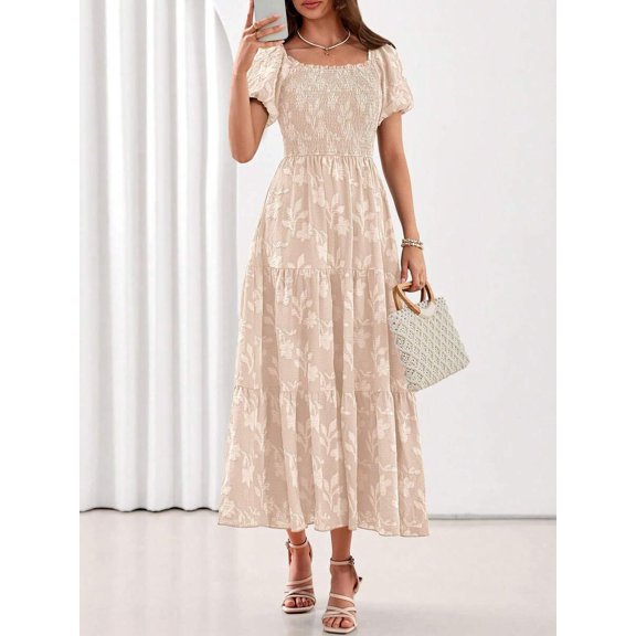 Beige Floral Tiered Maxi Dress Square Neck Short Sleeve Smocked Waist Flowy