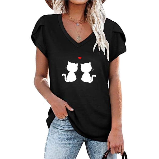 LOVZFMLL Hauts d'Été pour Femmes Mode T-shirt Décontracté à Manches Courtes Col en V Imprimé Blouse