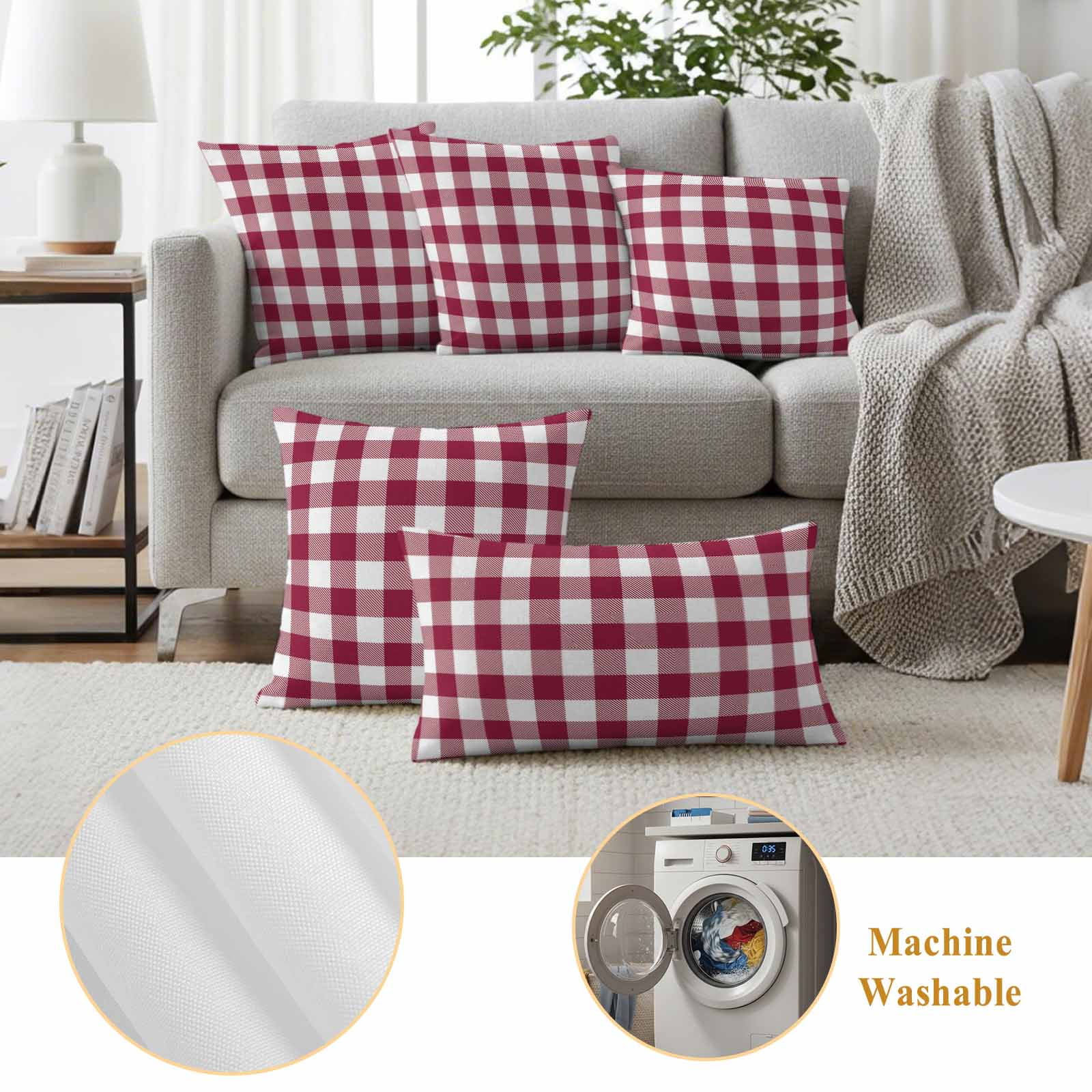 Outdoor Pillow Covers Wine Red and White Plaid Waterproof Pillow Cases 18x18 Set of 2, Modern Rustic Throw Pillow Cover Pillowcase for Patio Balcony Couch Garden