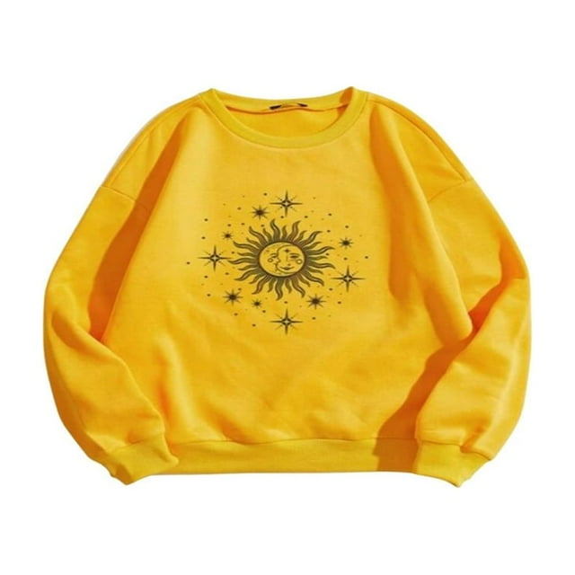 Long-Sleeved Fall Pullover Simple Sun and Moon Print Sweatshirt Casual Oversized Loose Sweater Top,Beige