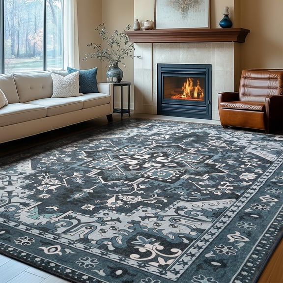 8x10 Area Rugs Machine Washable, Dark Navy Blue Carpet for Living Room, Oriental Indoor Area Rug Low Pile, Large Soft Thick Carpets Non Slip, Farmhouse Vintage Rug for Bedroom Dining Room