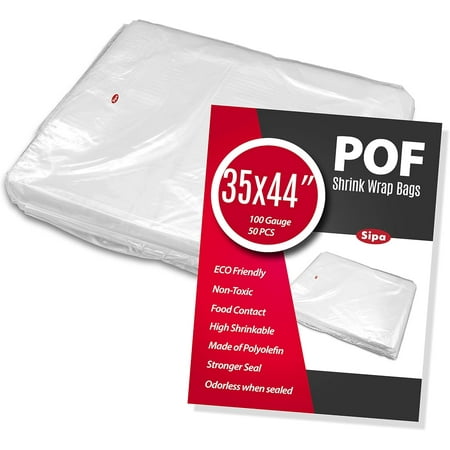 SIPA 35x44 inch 50 PCS 100 Gauge POF NON-VENTING HOLE Shrink Wrap Bags Odorless perfect for wrapping stationery, photo frames, soap supplies, oil bottles, homemade DIY craft for sale.