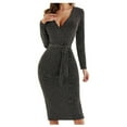 thumbnail image 3 of YWDJ Wedding Guest Dresses for Women Formal with Sleeves Women Fashion Lace-up V-neck Long Sleeve Mid-Calf Long Dress Silver XL, 3 of 8