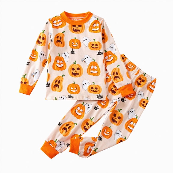 KPVEVIQ Toddler Baby Boy Girls Halloween Pajamas Set Kids Pumpkin Ghost Sleepwear 2 Pcs Pjs Cute Cartoon Print Long Sleeve Top and Pants,4-5 Y