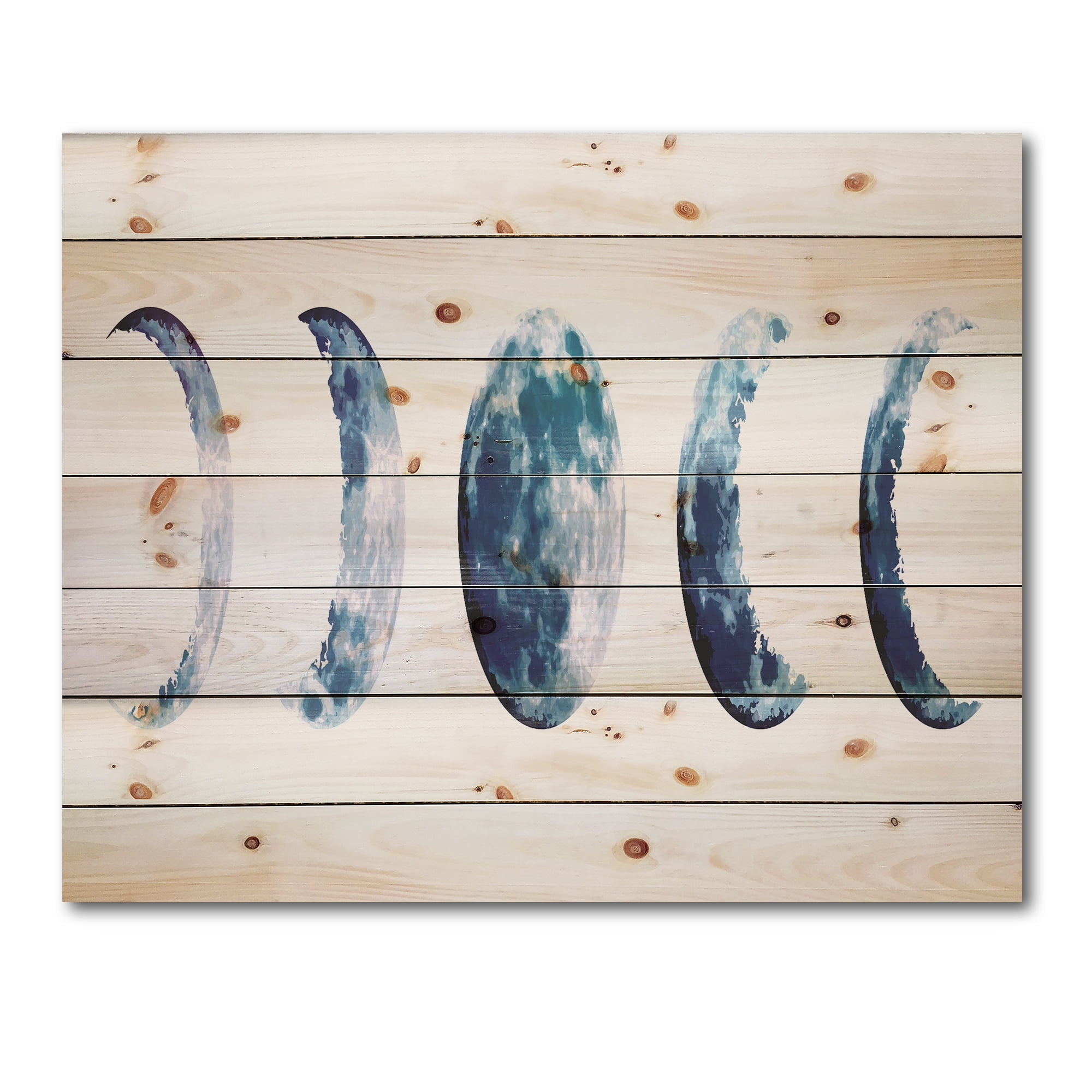 Designart 'Magic Blue Moon Phases On White' Bohemian & Eclectic Print on Natural Pine Wood