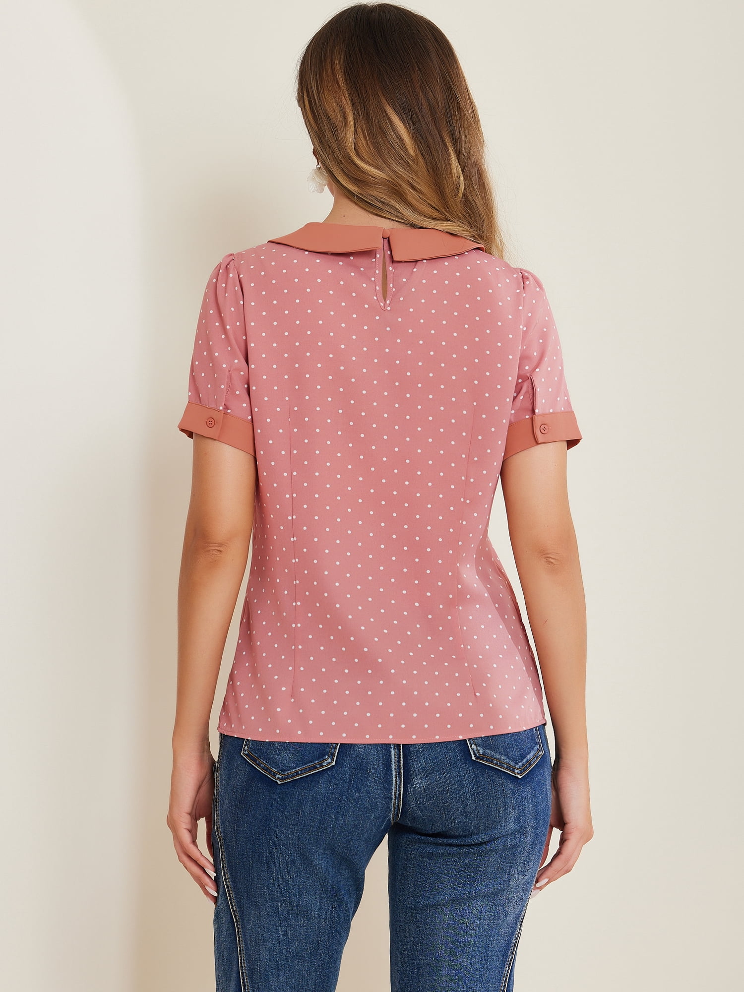 DARING DIVA Women's Peter Pan Collar Polka Dots Short Sleeve Tops XS Dark Pink